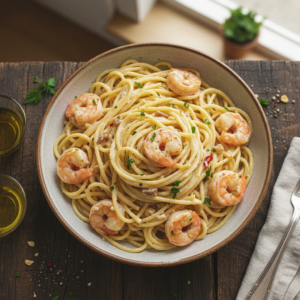 Spaghetti mit Garnelen in cremiger Frischkäsesauce genießen