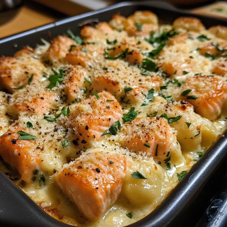 Cremiger Knoblauch-Parmesan Lachs-Gnocchi-Auflauf