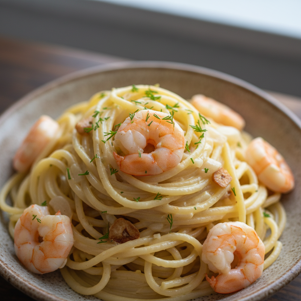 Spaghetti mit Garnelen in cremiger Frischkäsesauce genießen
